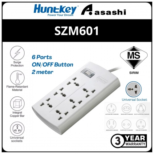 Huntkey SZM601 6 Outlets Socket with 2m Extension Cord (3 yrs Limited Hardware Warranty)