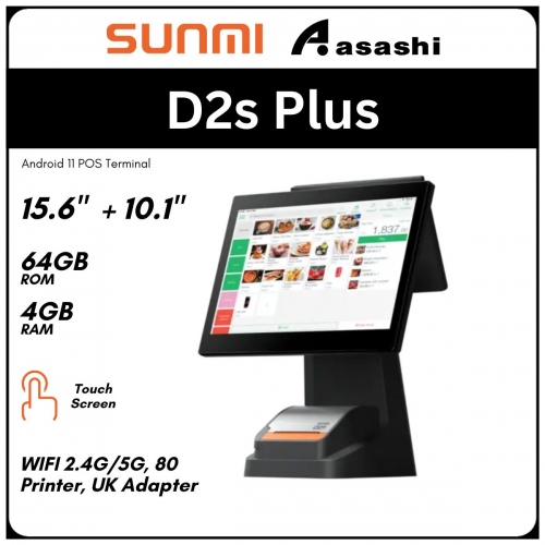 Sunmi D2s PLUS EN POS Terminal 
(RK3568 + 4GB RAM + 64GB ROM, 15.6FHD + 10.1HD, WIFI 2.4G/5G, 80 
Printer, UK Adapter, Android 11)