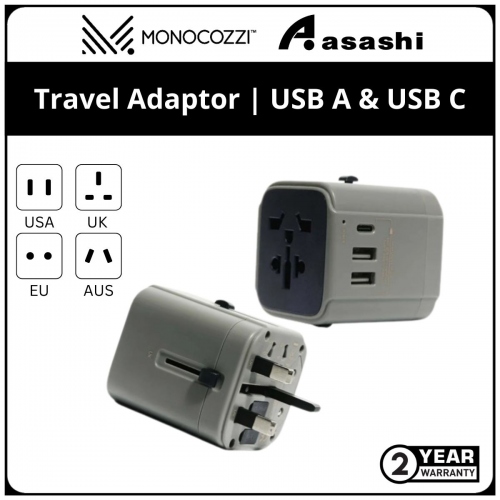 Monocozzi Bon Voyage Travel Adaptpr With 4.5A Dual Usb-A And Usb-C Connector - Charcoal