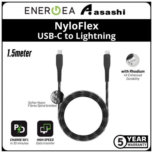 Energea NyloFlex (1.5m) USB-C to Lightning C94 MFI Cable - Black (5yrs Limited Hardware Warranty)