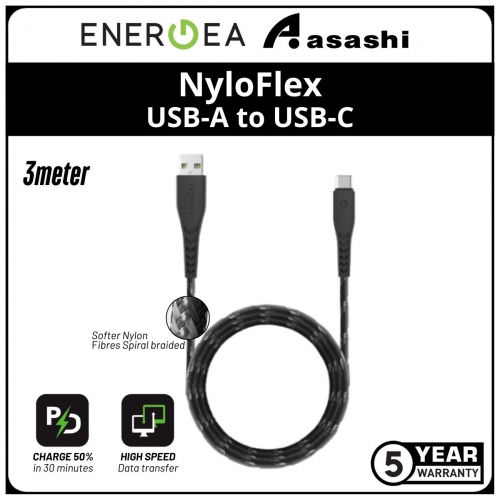 Energea NyloFlex (3m) USB-A USB2.0 to USB-C 3A Cable - Black (5yrs Limited Hardware Warranty)