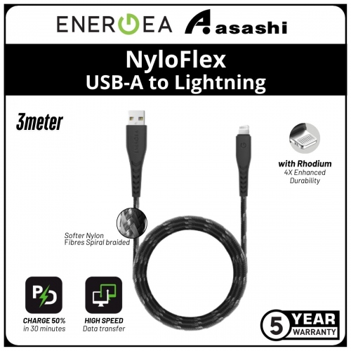 Energea NyloFlex (3m) USB-A to Lightning MFI Cable - Black (5yrs Limited Hardware Warranty)