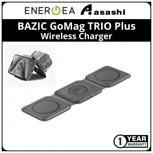 Energea BAZIC GoMag TRIO Plus 3in1 Elevated Foldable Magnetic 15w Wireless Charger - Grey (1 yrs Limited Hardware Warranty)