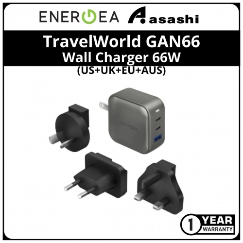 Energea TravelWorld GAN66, 2C1A PD/PPS/QC3.0 Wall Charger 66W - (US+UK+EU+AUS) - Gun (1 yrs Limited Hardware Warranty)