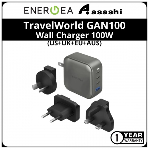 Energea TravelWorld GAN100, 3C1A PD/PPS/QC3.0 Wall Charger 100W - (US+UK+EU+AUS) - Gun (1 yrs Limited Hardware Warranty)