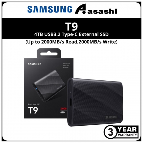 Samsung T9 4TB USB3.2 Type-C External SSD - MU-PG4T0BWW (Up to 2000MB/s Read,2000MB/s Write)