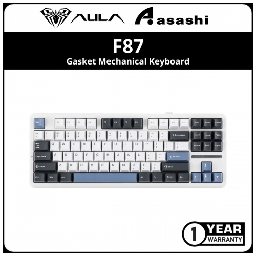 AULA F87 (White Blue)Gasket Mechanical Keyboard 87 Key RGB Tri-Mode Wired Bluetooth 2.4G Gasket Structure Hot-swap Gaming Keyboard