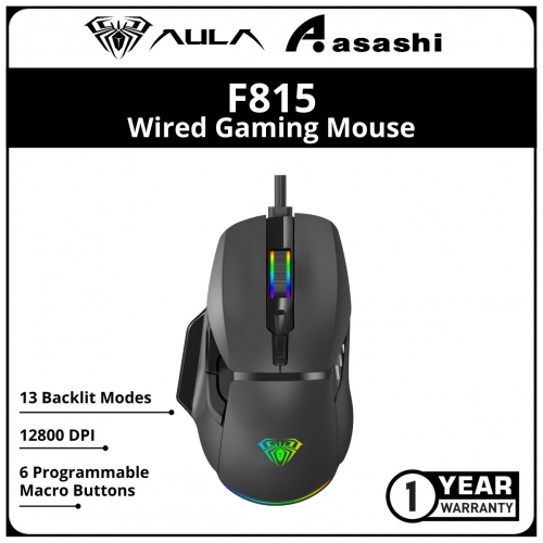 AULA F815 12800 DPI RGB Wired Gaming Mouse with 13 Backlit Modes & 6 Programmable Macro Buttons