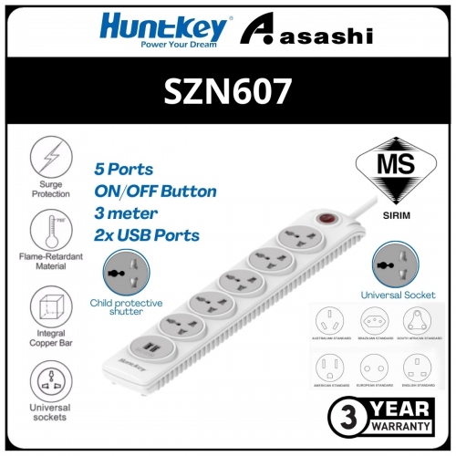 Huntkey SZN607 5 Sockets Surge Protector with 2 USB Port Charger (3 yrs Limited Hardware Warranty)