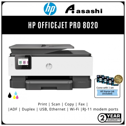 HP OFFICEJET PRO 8020 AIO PRINTER (PRINT/SCAN/COPY/FAX/DUPLEX PRINTING/WIRELESS/2YR WARRANTY)