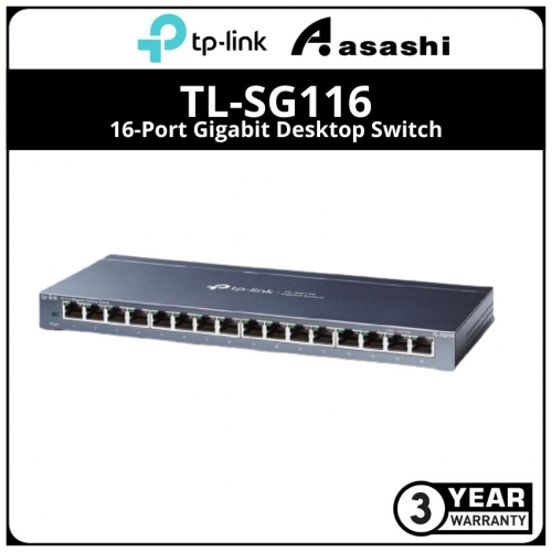 Tp-Link TL-SG116 16-Port Gigabit Desktop Switch, 16 Gigabit RJ45 Ports, Desktop Steel Case