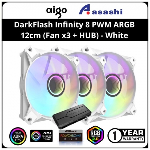 PROMO AIGO darkFlash Infinity 8 3-in-1 PWM ARGB 12cm Casing Fan (Fan x3 + HUB) - White