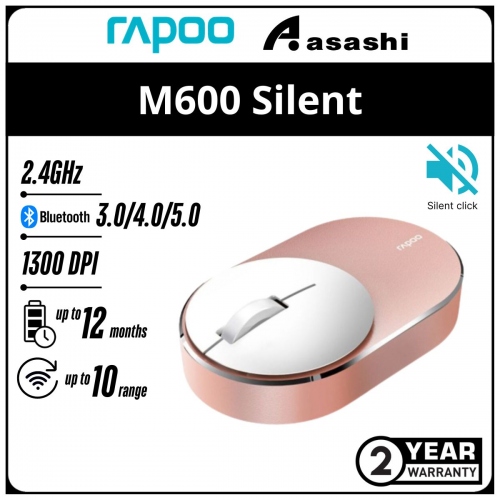 Rapoo M600 (Rose Gold) Silent Multi-mode Wireless Mouse - 2Y