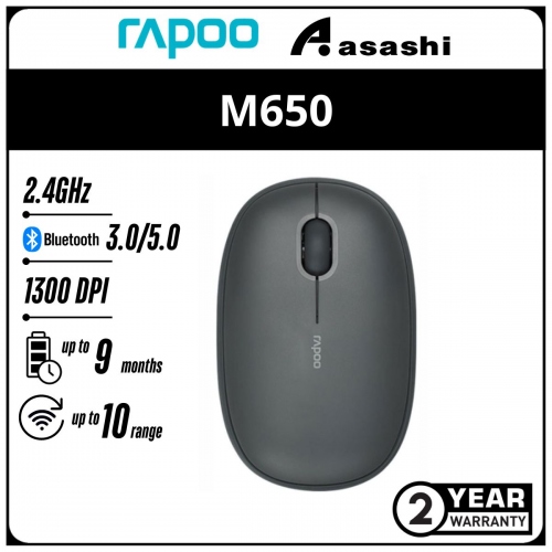 Rapoo M650 (Dark Gray) Multi-Mode Wireless Bluetooth 5.0 Wireless 2.4GHz Pudding Shape Mouse - 2Y