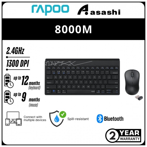Rapoo 8000M Multi-Mode Wireless Bluetooth 4.0 Wireless 2.4GHz Keyboard & Mouse Combo - 2Y