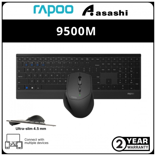 Rapoo 9500M Ultra Slim Multi-Mode Bluetooth 3.0/4.0/2.4GHz Wireless Keyboard & Mouse Combo - 2Y