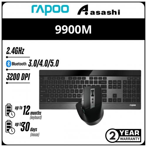 Rapoo 9900M Ultra Slim Multi-Mode Bluetooth 3.0/4.0/2.4GHz Wireless Keyboard & Mouse Combo - 2Y