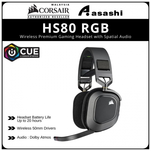 Corsair HS80 RGB Wireless Gaming Headset - Carbon (USB Wireless Adapter) w/ SLIPSTREAM CA-9011235-AP