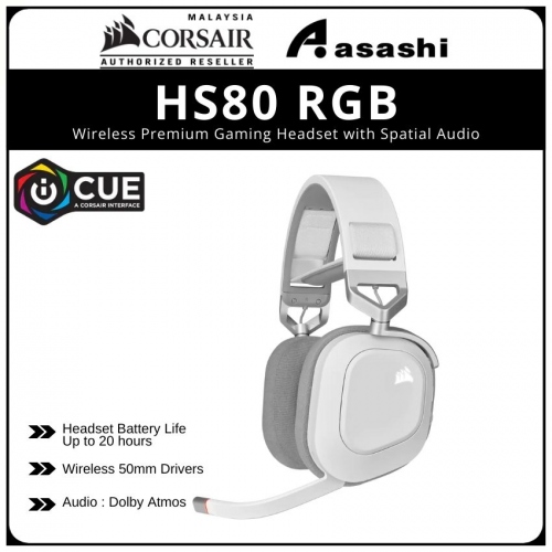 Corsair HS80 RGB Wireless Gaming Headset - White (USB Wireless Adapter) w/ SLIPSTREAM CA-9011236-AP