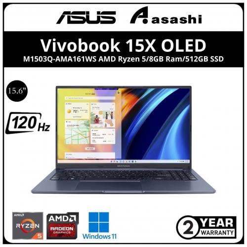 Asus Vivobook X OLED Notebook-M1503Q-AMA161WS-(AMD Ryzen 5-5600H/8GB OB (1 Extra Slot) /512GB SSD/15.6