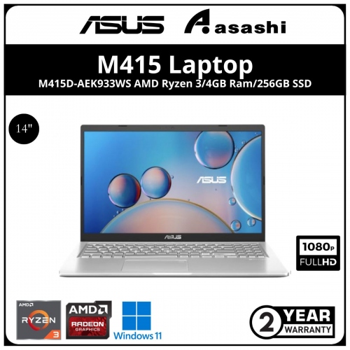 Asus Vivobook M415D-AEK933WS Notebook - (Ryzen 3-3250U/4GB OB (1slot) /256GB SSD/14