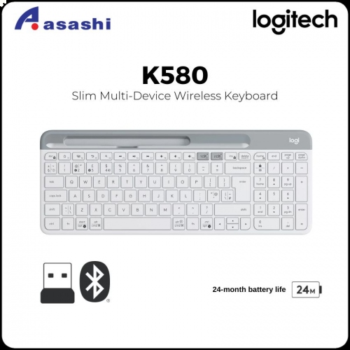 Logitech K580 Slim Multi-Device Wireless Keyboard for Chrome OS, Desktop/Tablet/Smartphone/Laptop (920-009211)White