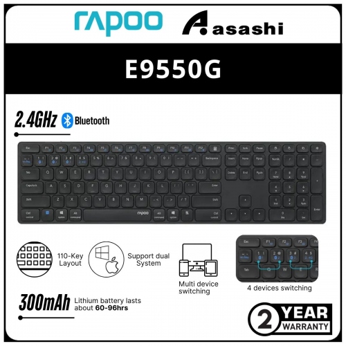 Rapoo E9550G Rechargeable Multi-Mode Wireless 2.4GHz Bluetooth 4.0 Keyboard - 2Y