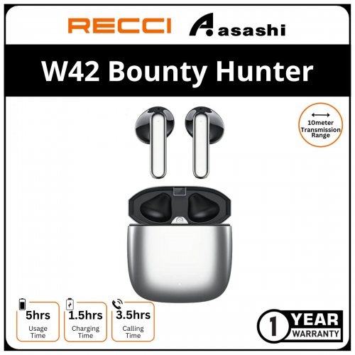 Recci W42 Bounty Hunter TWS Wireless Earphone - Silver 1Y