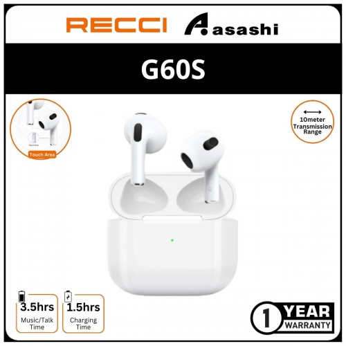 Recci G60S TWS Wireless Earphone - White 1Y
