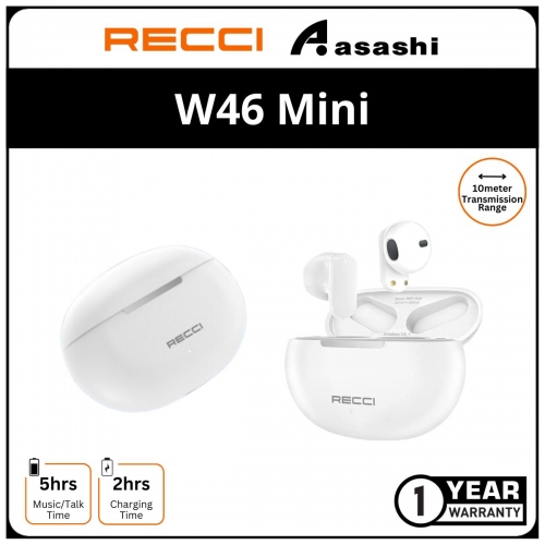 Recci W46 Mini TWS Wireless Earphone - White 1Y