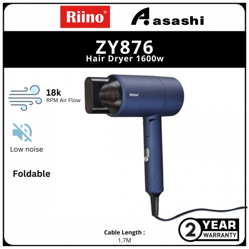 RIINO ZY876 Smart Temp Heat Saloon Hair Dryer 1600w - 1.7m (Blue)