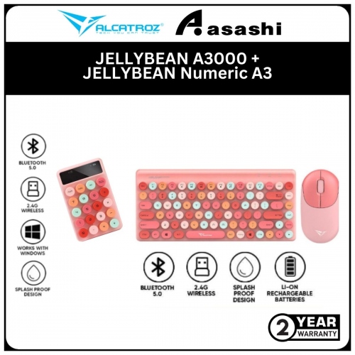 BUNDLE - Alcatroz JELLYBEAN A3000-Crayon Pink 2.4G Wireless + Bluetooth Rechargeable Keyboard Combo + JELLYBEAN Numeric A3