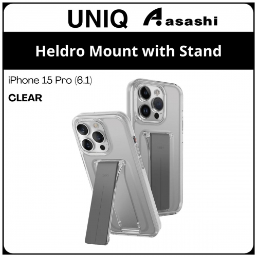 (85532) Uniq Heldro Mount with Stand iPhone 15 Pro (6.1) Hybrid Case - Clear (No Warranty)