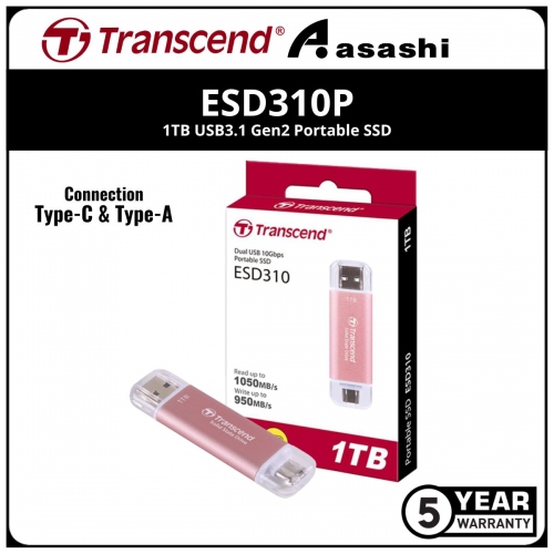 Transcend ESD310P Pink 1TB USB3.1 Gen2 Portable SSD with Type-C & Type-A Connection - TS1TESD310P (Up to 1050MB/s Read Speed,950MB/s Write Speed)