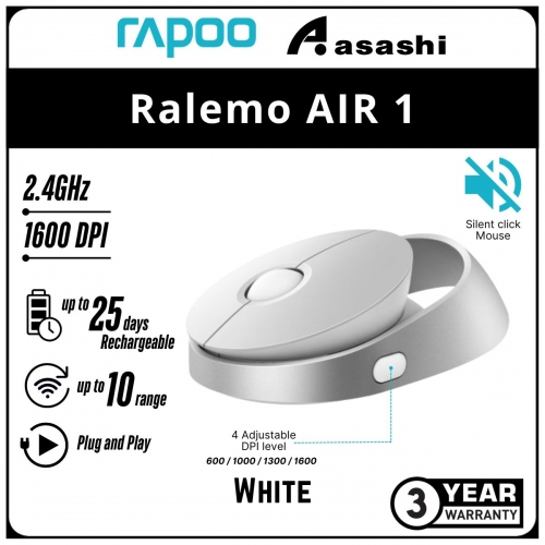 Rapoo Ralemo AIR 1 Silent (White) Multi-mode Wireless Mouse - 3Y