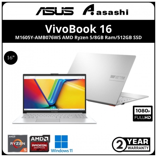 Asus Vivobook 16 Notebook-M1605Y-AMB076WS-(AMD Ryzen 5-7530U/8GB DDR4 OB (1 Extra Slot) /512GB SSD/16