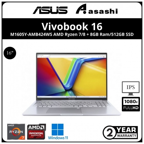 Asus Vivobook 16 Notebook-M1605Y-AMB424WS-(AMD Ryzen 7-7730U/16GB DDR4 (8GB OB + 8GB) /512GB SSD/16