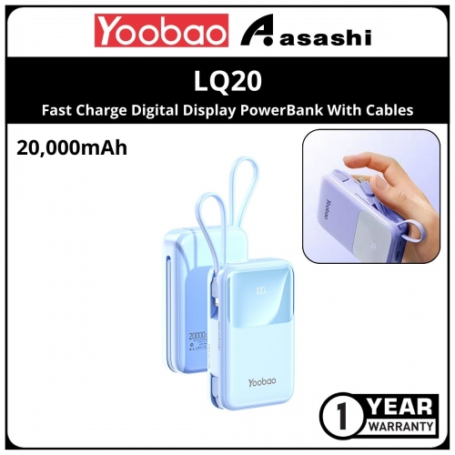 Yoobao LQ20 / Q18 20000mAh Fast Charge Digital Display PowerBank With Cables -Blue (1 yrs Limited Hardware Warranty)