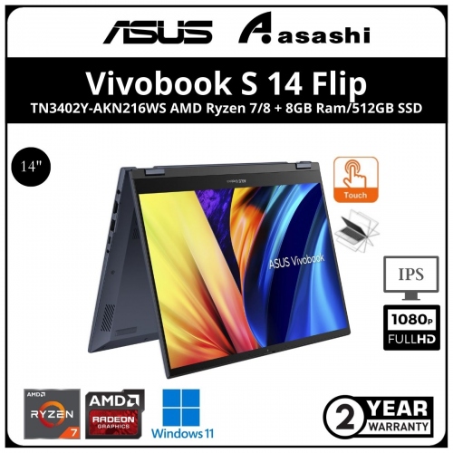 Asus Vivobook Flip TN3402Y-AKN216WS - (AMD Ryzen 7-7730U/16GB DDR4(8GB OB+8GB)/512GB SSD/14