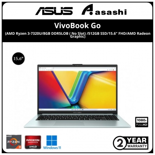 Asus Vivobook Go Notebook-E1504F-ANJ872WS-(AMD Ryzen 3-7320U/8GB DDR5LOB ( No Slot) /512GB SSD/15.6