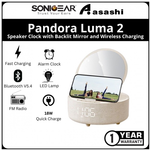 Sonic Gear Pandora Luma 2 Bedside Speaker Clock with Backlit Mirror and Wireless Charging