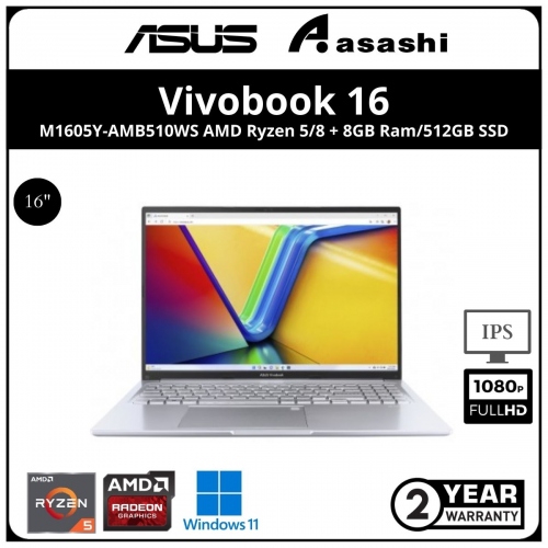 Asus Vivobook 16 Notebook-M1605Y-AMB510WS-(AMD Ryzen 5-7530U/16GB DDR4 (8GB OB+8GB) /512GB SSD/16