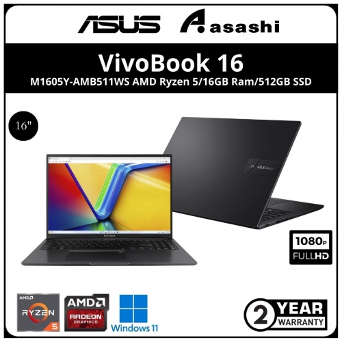 Asus Vivobook 16 Notebook-M1605Y-AMB511WS-(AMD Ryzen 5-7530U/16GB DDR4 (8GB OB+8GB) /512GB SSD/16
