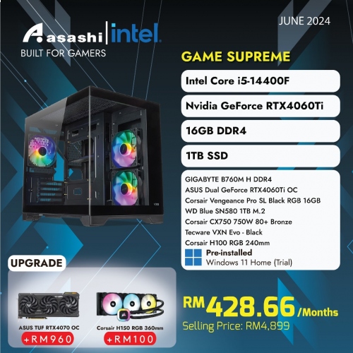 GAME SUPREME - Intel® Core™ i5-14400F / ASUS DUAL GeForce RTX 4060 TI 8G OC