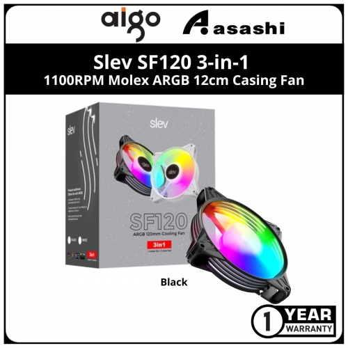 Slevflow SF120 3-in-1 (Black) 1100RPM Molex ARGB 12cm Casing Fan (Fan x3 + ARGB HUB)