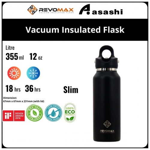 Revomax 355ML / 12oz Slim Vacuum Insulated Flask - Onyx Black