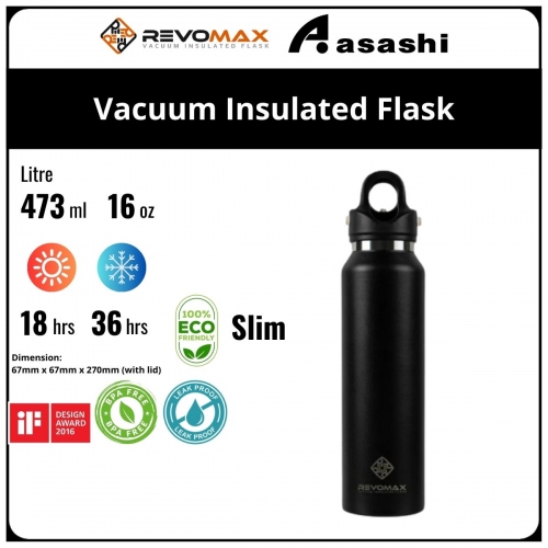 Revomax 473ML / 16oz Slim Vacuum Insulated Flask - Onyx Black