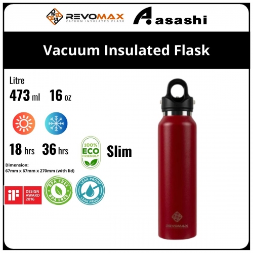 Revomax 473ML / 16oz Slim Vacuum Insulated Flask - Fire Red