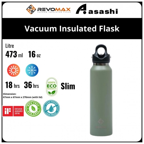 Revomax 473ML / 16oz Slim Vacuum Insulated Flask - Olive Green