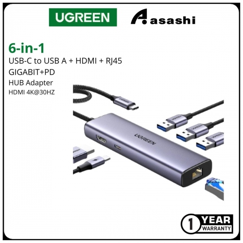 UGreen 15598 6 in 1 USB-C TO 3*USB-A 3.0 HUB + HDMI 4K@30HZ + RJ45 GIGABIT+PD